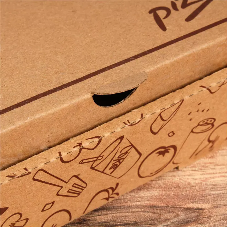 Brown kraft pizza box with ventilation hole and hand - drawn food - related patterns (e.g., utensils, pizza - making tools), showcasing eco - friendly pizza packaging design